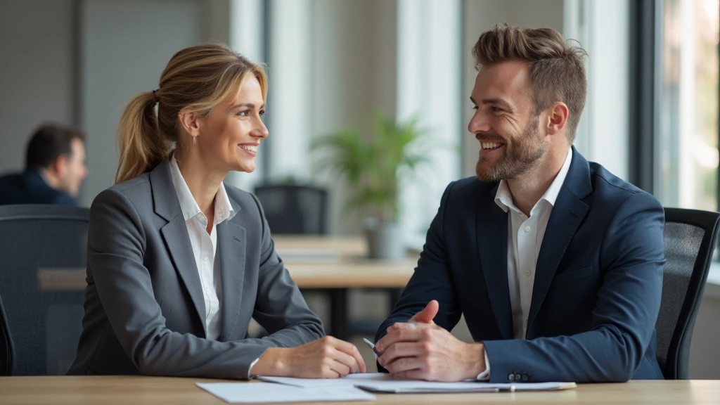 Twee professionele collega's zitten tegenover elkaar aan een bureau en maken oogcontact tijdens een introductiegesprek