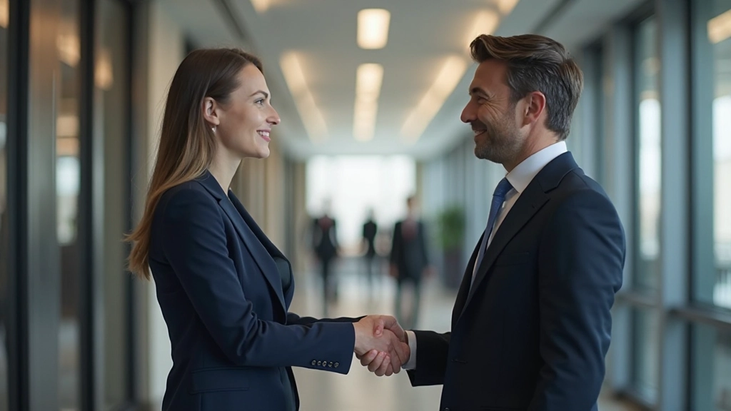 Professionele mannen en vrouwen schudden handen in een modern kantoor met natuurlijk licht