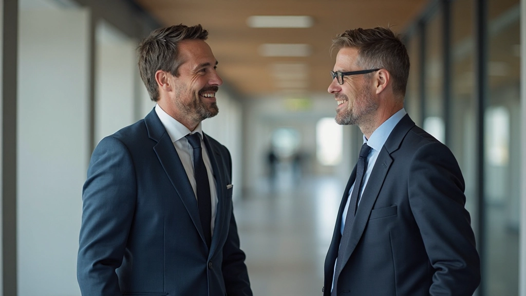Twee professionele mannen hebben een positief gesprek met open lichaamstaal in een kantoor hallway