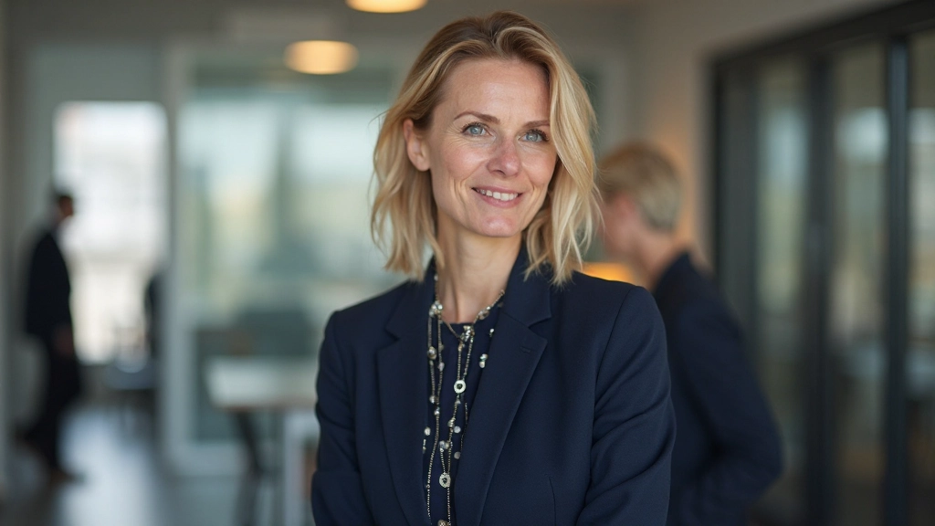 Professionele vrouw in zakelijk jasje glimlacht zelfverzekerd in een modern kantoor