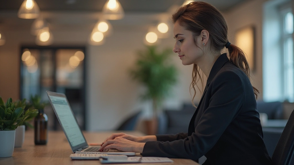 Professionele vrouw stuurt een zakelijke e-mail op haar computer met focus op haar scherm