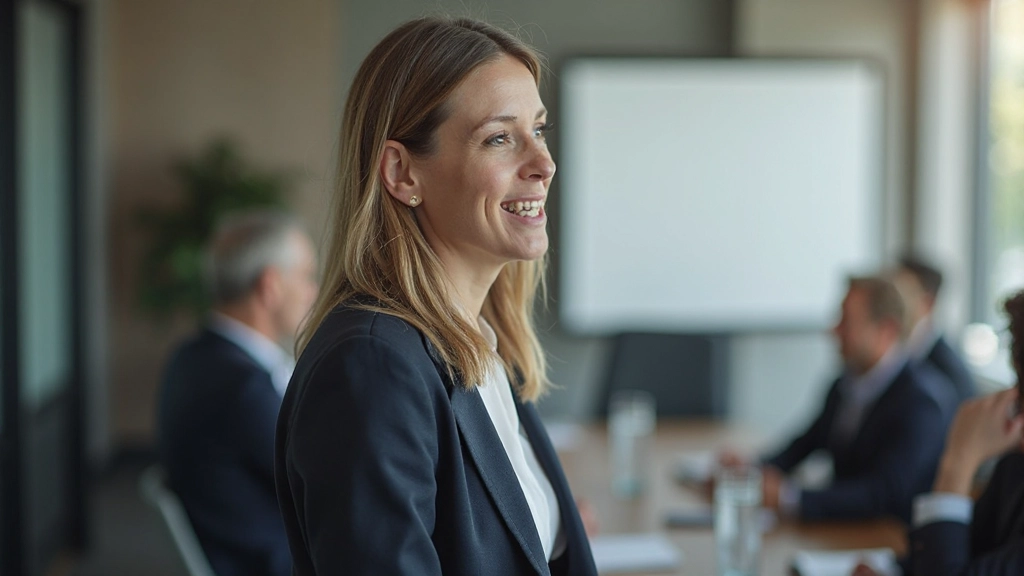 Professionele vrouw spreekt zelfverzekerd tijdens een kleine bijeenkomst in een vergaderruimte